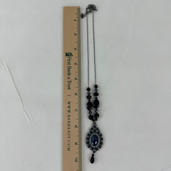 Vintage NR Pendant Necklace Dangle Earrings Set Gunmetal Midnight Blue Metallic - Picture 11 of 16